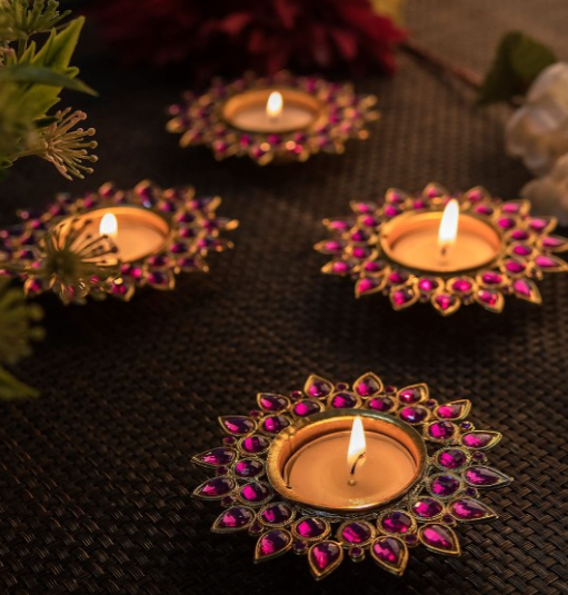 Set of 4 Pink Diya-Shaped Candle Holders for Diwali 2025 | Metal Stylish Indian Living Bedroom Decor